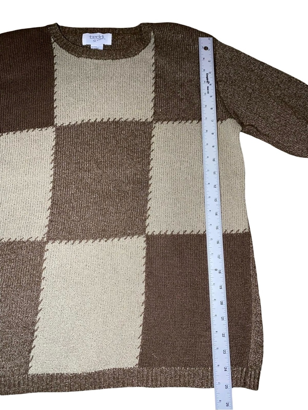 Vintage Teddi Patchwork Knit Crewneck Sweater Brown Grey Block Stitch Size M - Picture 6 of 9